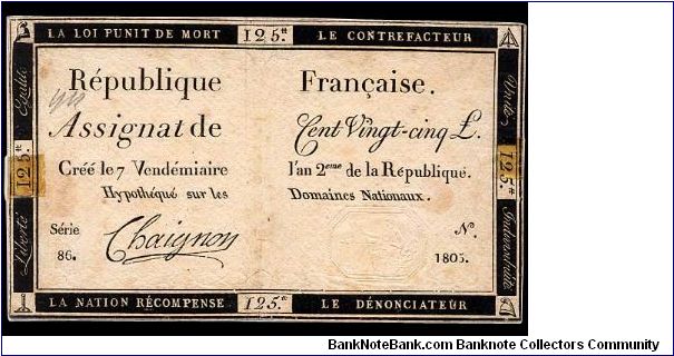 125 Livres.

7 Vendémiaire l'an 2eme series. Banknote