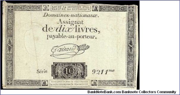 10 Livres.

10/24/1792 issue. Banknote