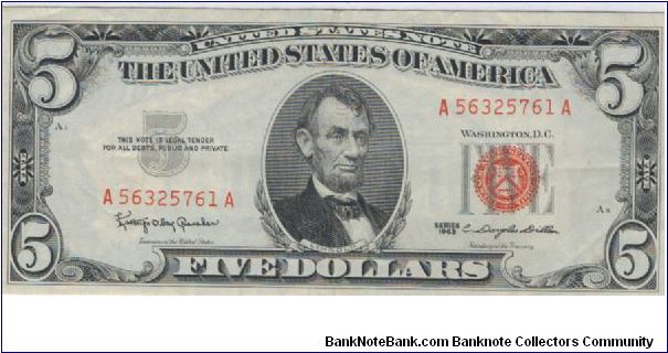 1963 $5.00 United States Note Banknote