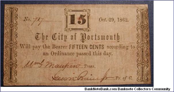 City of Portsmouth 15 Cents Fractional Note 1862. Banknote