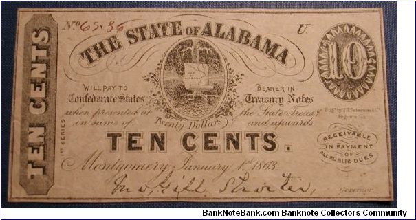 The State of Alabama 10 Cent Fractional Note 1863. Banknote