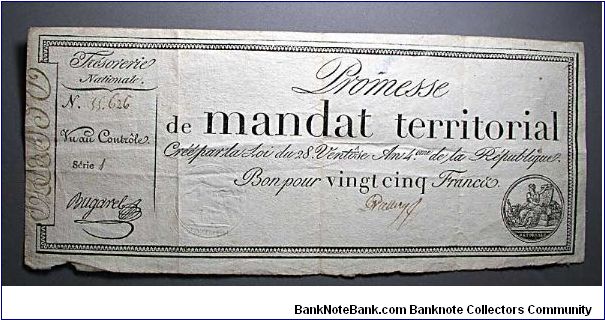 25 Francs.

A mandat territorial. The second side is the seal you can see center left. If you look carefully you'll see that this is a series 1. Banknote