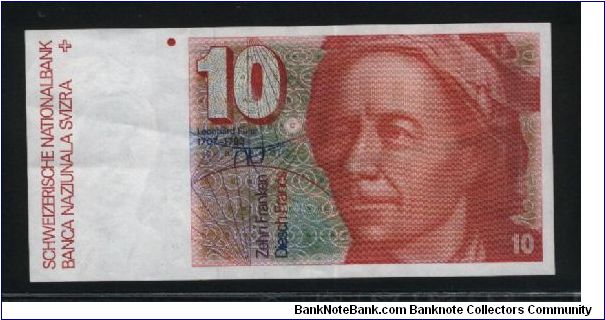 10 Franken.

Format: 66x137 mm

Leonard Euler (mathematician; 1707-1783) at right on face; water turbine, light rays through lenses and Solar System in vertical format on back. 

Pick #53f Banknote