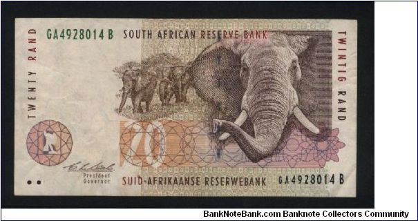 20 Rand.

Elephants at center, large elephant's head at right on face; open pit mining at left center on back.

Pick #124 Banknote