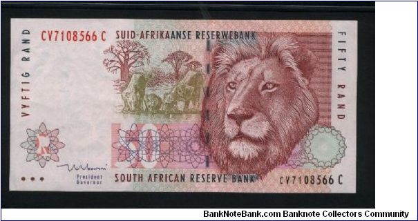 50 Rand.

Lions with cub drinking water at center, male lion head at right on face; Sasol oil refinery at lower left on back.

Pick #125c Banknote