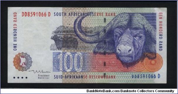 100 Rand.

Cape buffalo at center and large water buffalo head at right on face; zebras along bottom from left to center on back.

Pick #126b Banknote