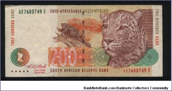 200 Rand.

Leopard at center, large leopard's head at right on face; dish antenna at upper left, modern bridge at lower left on back.

Pick #127a Banknote