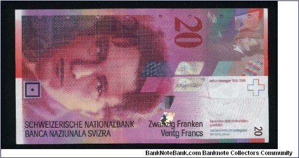 20 Franken.

Format: 137x74 mm

Composer Arthur Honnegger on face; trumpet valves at top, steam locomotive wheel at center, musical score and piano keys at bottom on back.

Pick #67b Banknote