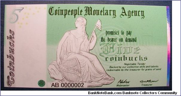 Coinpeople Currency 5 Coinbucks Serial 02. Banknote