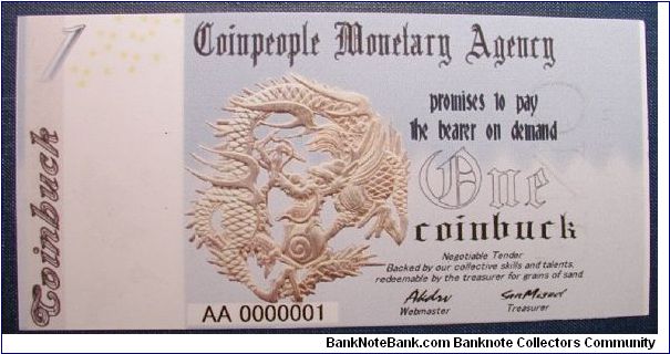 Coinpeople Currency 1 Coinbuck Serial 01. Banknote