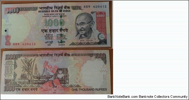 1000 Rupees. Dr YV Reddy signature.  Banknote