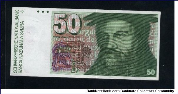 50 Franken.

Format: 159x74mm

Konrad Gessner on face; eagle owl, Primula auricu-la plant and stars on vertical format on back.

Pick #56

date of issue NOT REPORTED ANYWHERE. Banknote