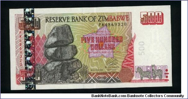 500 Dollars.

Re Matapos rocks on face; Hwange power station on back.

Pick #10 Banknote