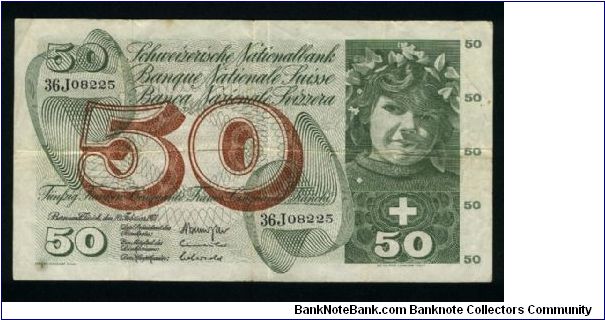 50 Franken.

Girl on face; apple harvesting scene (symbolizing fertility) on back.

Pick #48k Banknote