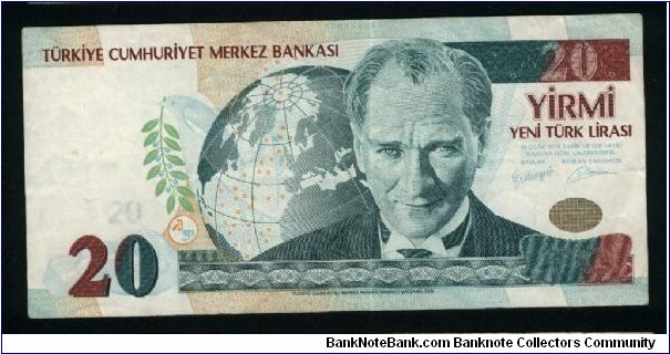 20 Yeni Lirasi.

Pres. Ataturk on face; Efes acient city on back.

Pick #new Banknote