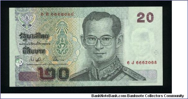 20 Bath.

Commemorative issue.

King Rama IX wearing Field Marshal's uniform on face; Procession with King in military uniform and new bridge on back.

Pick #110 Banknote