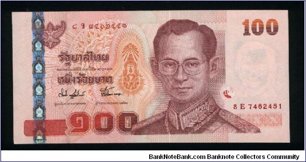 100 Bath.

Holographic foil strip at left.

King Rama IX on face; statue of King Rama V and Rama VI with children, and royal initial emblem on back.

Pick #new Banknote