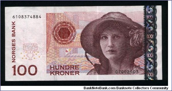 100 Kroner.

Holographic foil strip at right.

Kirsten Flagstad on face; theatre layout on back.

Pick #49 Banknote