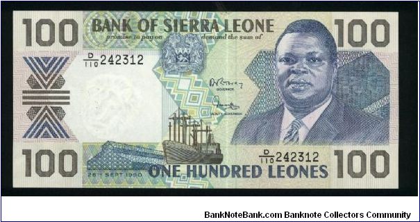 100 Leones.

Pres. Dr.Joseph Saidu Momoh and ship on face; Central Bank building on back.

Pick #18c Banknote