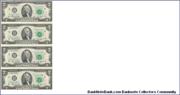 US $2 Star notes - sheet of 4 Banknote