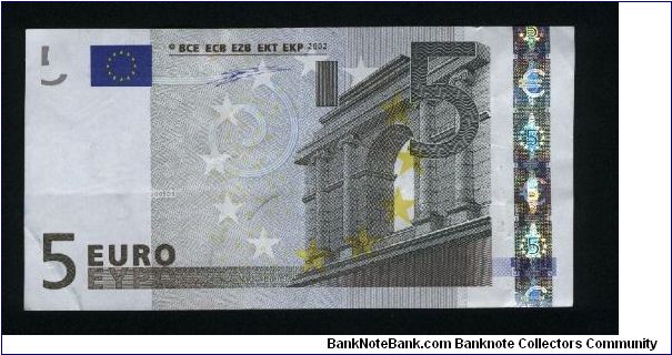 5 Euro.

Serial prefix -S- (Italy)
Classical architecture on face and back.

Pick #1s Banknote