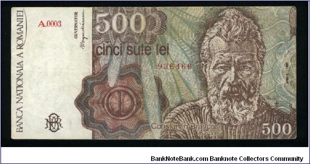 500 Lei.

Constantin Brancusi on face; Brancusi seated with statue on back.

Pick #98b Banknote