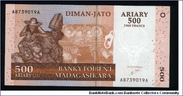 2500 Francs=500 Ariary.

Man making baskets on face; herdsman with Zebus on back.

Pick #new Banknote