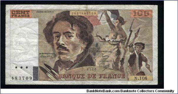 100 Francs.

Eugène Delacroix and Marianne holding tricolor, part of Delacroix's painting La Liberté Guidant le Peuple on face; Delacroix holding a quill pen on back.

Pick #154b Banknote