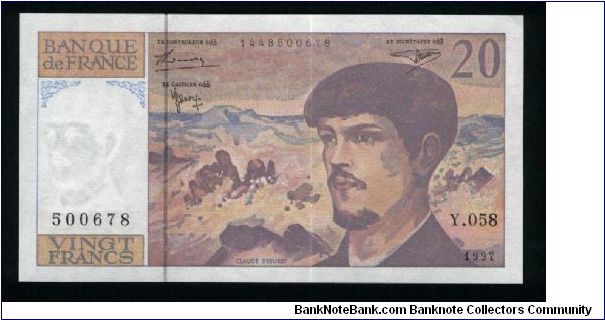20 Francs.

Claude Debussy and sea scene (la Mer) in background; C.Debussy and lake scene in background on back.

Pick #151i Banknote