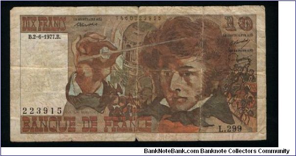 10 Francs.

Hector Berlioz conducting in the Chapelle de Invalides on face; Berlioz at left, musical instruments and Rome's Villa Medici on back.

Pick #150 (date not reported) Banknote