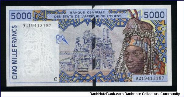 5000 Francs.

Serial -C- prefix (Burkina Faso).

Woman wearing headdress adorned with cowrie shells and smelting plant on face; women with children and various pottery on back.

Pick #313C-a Banknote