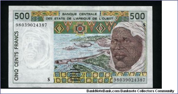 500 Francs.

Serial -S- prefix (Guinea-Bissau).

Man and flood control dam on face; farmer riding spray rig behind garden tractor and native art on back.

Pick #810T-h Banknote