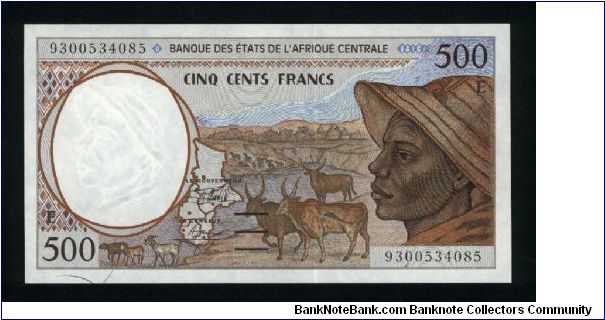 500 Francs.

Serial -E- prefix (Cameroon).

Shepherd at left and zebus at center on face; baobab, antelopes and Kota mask on back.

Pick #201E-a Banknote