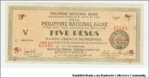 This is an actual PNB (Philippine National Bank) issue Emergency Circulating note of 1941. Provence of Negros Occidental, city of Bacolod. Some/most of these notes are scarce-to-rare, and highly collectable! Banknote