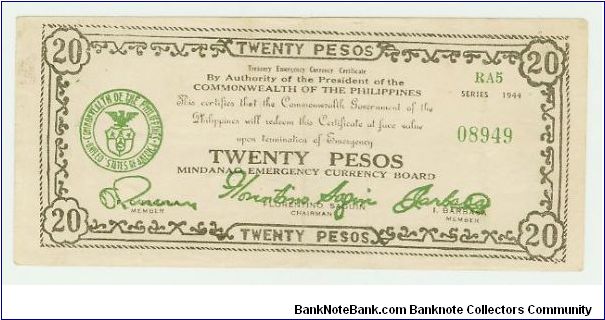 A 20 Peso Emergency currency note (Guerilla Note) from Mindanao. This Province is where all the Abu Sayaf problems are now, and is primairly Muslim. During the WWII, this province was one of the Fiercest opponents in the guerilla campaign against the Japanese invaders. Banknote