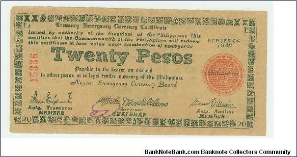 1945 Philippines Guerilla 20 Peso note from Negros. This is a good example of how these notes were printed on anything thatwas handy, as this note Certainly was printed on a Brown Paper Bag! Banknote