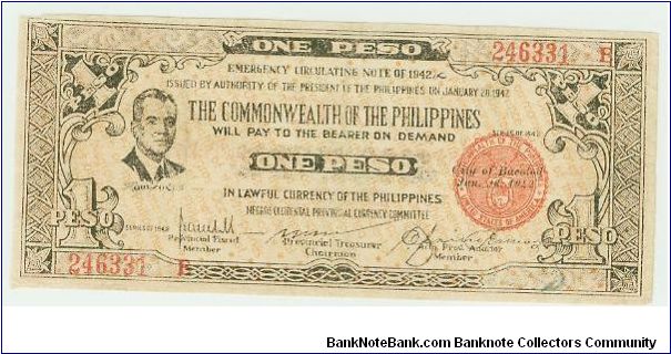 Philippines One Peso Guerilla note from Bacolod City, Negros Occidental. You MAY have noticed that the SEAL on most of these notes says Commonwealth of the Philippines, United States of America. Banknote