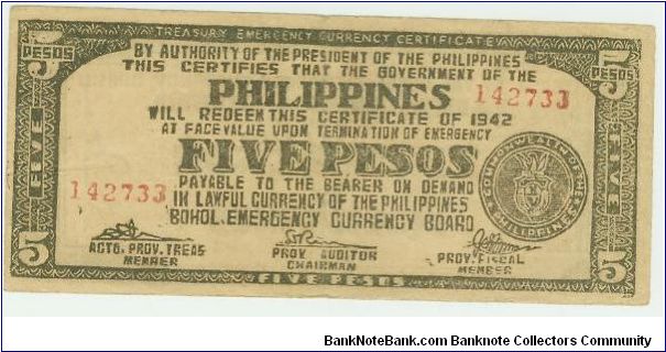 Philippine Five Peso Guerilla Note from Bohol. Another of the BPGnotes (brown paper bag), but actually one of the nicer, clearer printed guerilla notes. The seal on this one does NOT say United States of America! Banknote