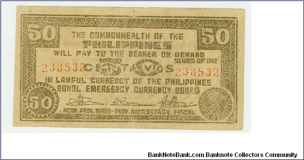 Philippine Fifty Centavos Guerilla note from Bohol. Most likely printed on brown paper bag material. Banknote