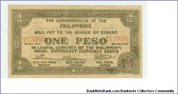 Philippine One Peso Guerilla note from Bohol. This one appears to have been printed on Brown WAXPAPER!  Another example of how these notes were printed on ANYthing that was handy. Banknote