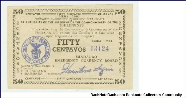 Philippine Fifty Centavos Guerilla (emergency) note. This is the Blue Seal note, and first to be printed bi-lingually. Banknote