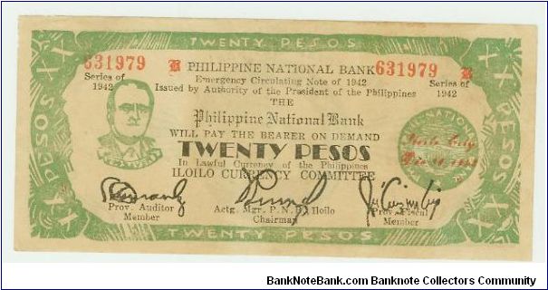 Philippine Guerilla Twenty Peso note with one of several Prominent Americans featured. This one bears the portrait of President Roosevelt, and was issued from ILOILO. Banknote