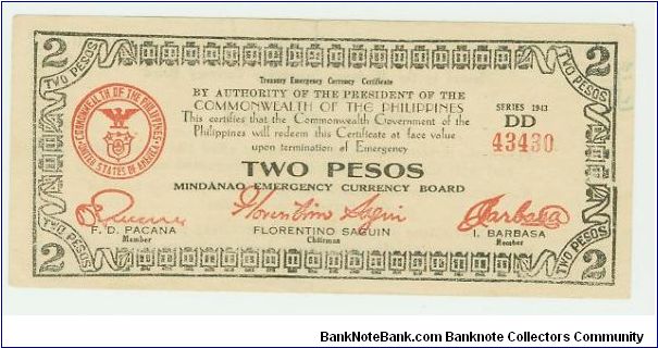 Philippine Guerilla (emergency currency)2 Peso Note from Mindanao. This is about as nice as you can find these. Banknote
