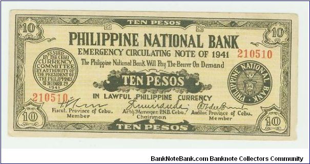 Philippine Guerilla (emergency currency) Ten Peso Note from Cebu. These Cebu Philippine National Bank (PNB) notes are about the nicest and most professional looking of all the guerilla issues. This note is crispy/aunc, about as close to perfect as you get with these notes. Banknote