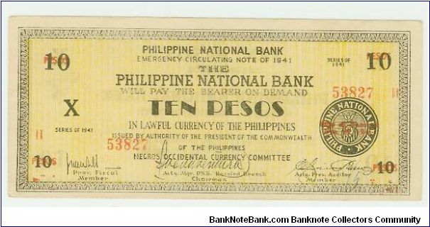 Philippine Guerilla (emergency currency) Ten Peso Note from the  Negros Occidental city of Bacolod. Crisp AUNC, about as nice as you will see of this issue. Banknote