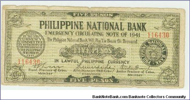 Philippine National Bank (PNB) Emergency currency Five Peso note. Banknote