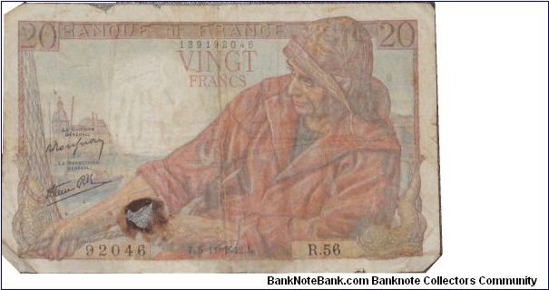 P-100 France 1949 20 Francs Banknote