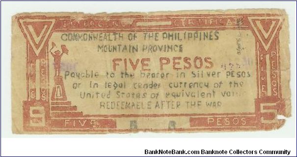 RARE! Philippine Guerilla Note From the Mountain Province, eaning the Cordilleras, Benguet province, and possibly issued for Baguio city. PLEASE look at all my other Guerilla notes listed here. This one  is UNDATED, wheras all others are dated. Also very crudly made. Banknote
