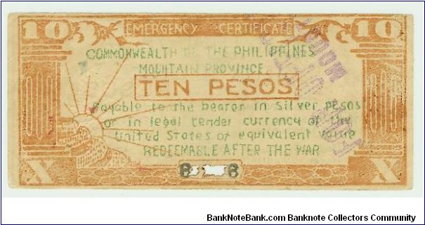 RARE! 10 Peso Philippine Guerilla note from the Mountain Province of Benguet, and probably from Baguio city. (Thats where i live). These notes do NOT have a date on them, as all others do, and is crudly made, as though by hand. THIS one has a RARE Official Government stamp on the reverse, in Purple. The only one i have ever seen like this! Banknote