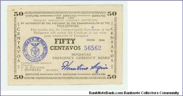 Philippine 50 Centavos Emergency Currency Certificate (Guerilla note of 1944) from Mindanao. Banknote